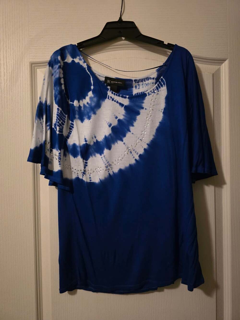 INC International Concepts Blue & White Tie Dye Embellished Batwing Top L